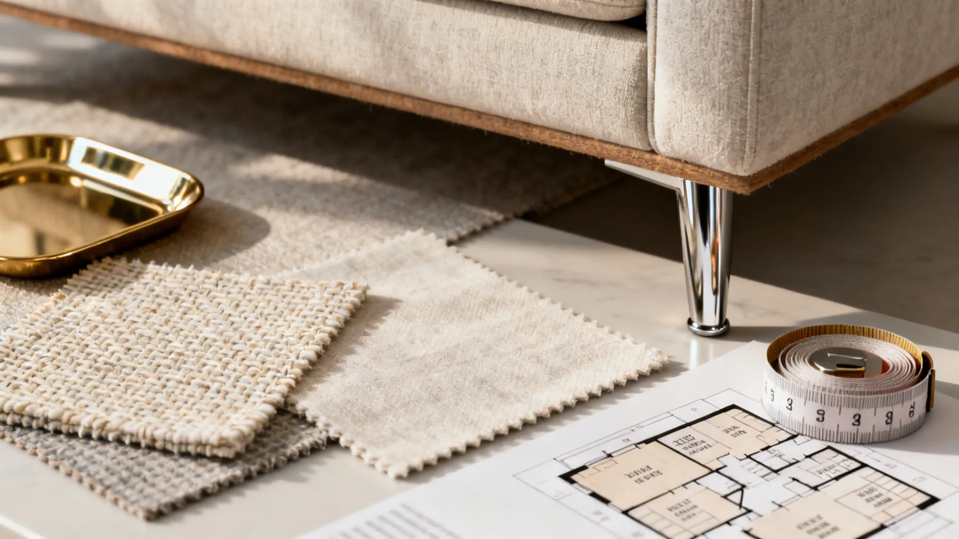 Design tip flatlay with fabric swatches, reflective accent, and a small floorplan for tiny living rooms