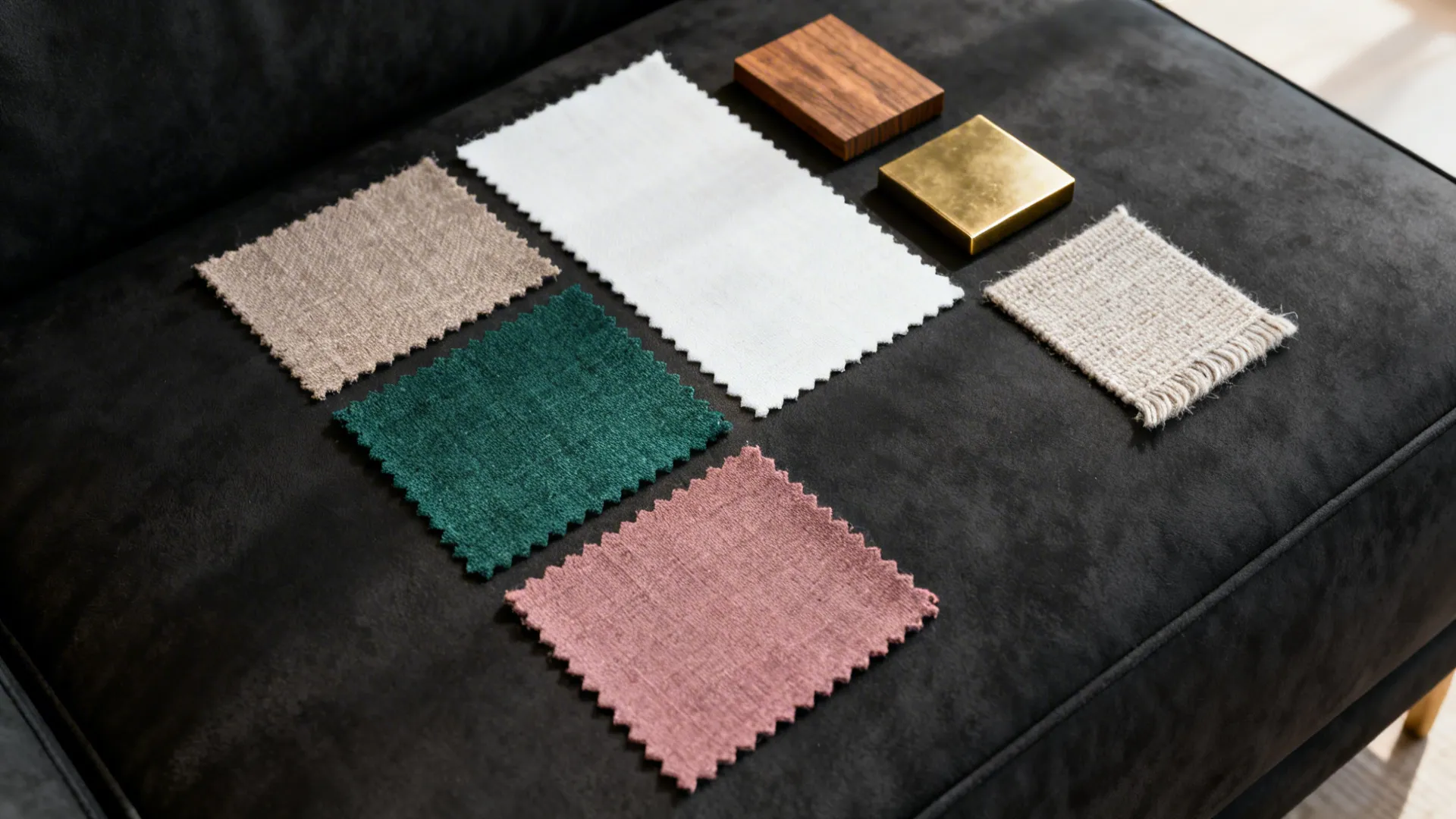 Flatlay of color swatches, fabric chips and material samples for black sofa styling