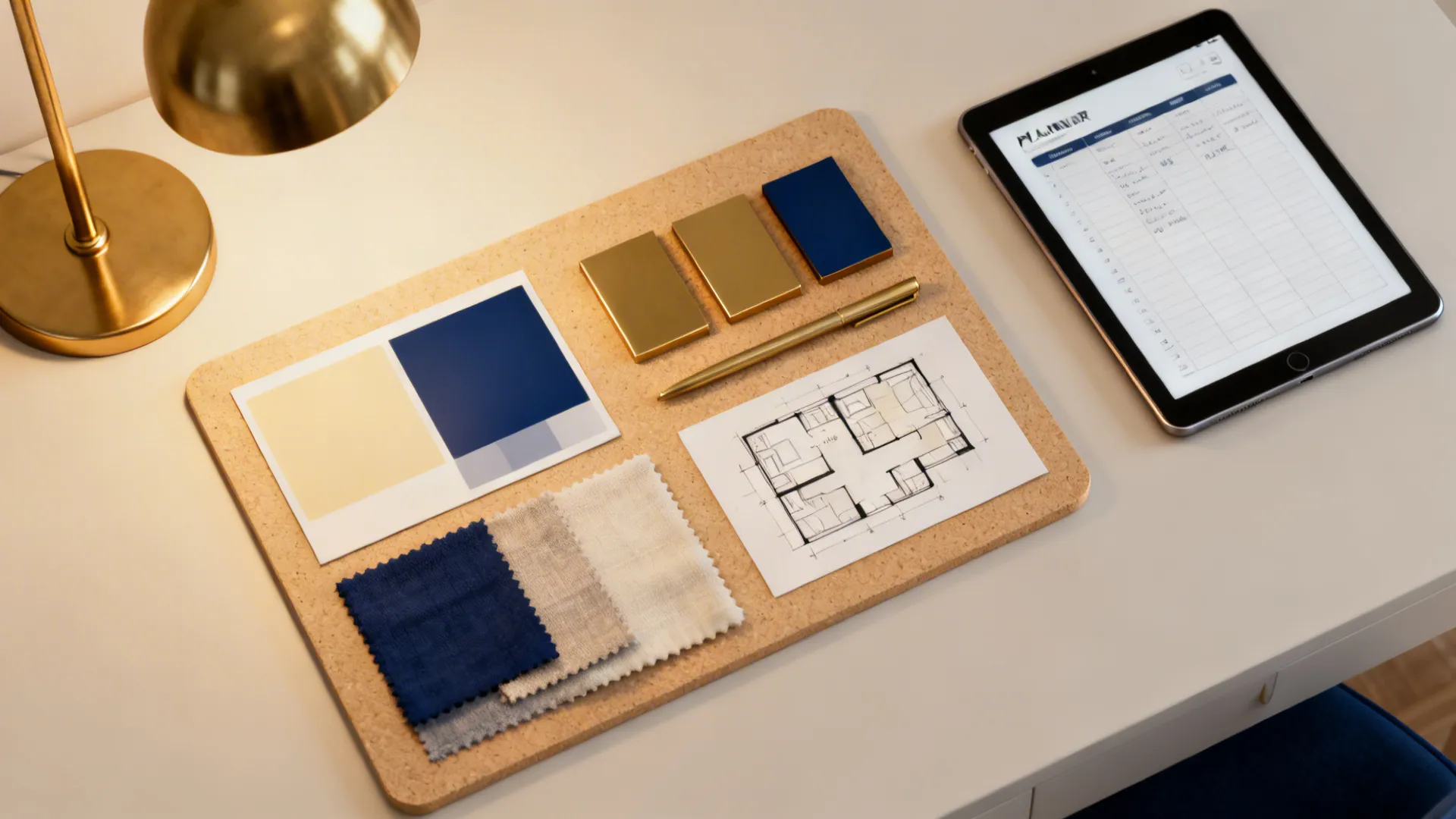 Top-down planning board with navy and cream swatches, brass samples and a tablet showing a room planner.