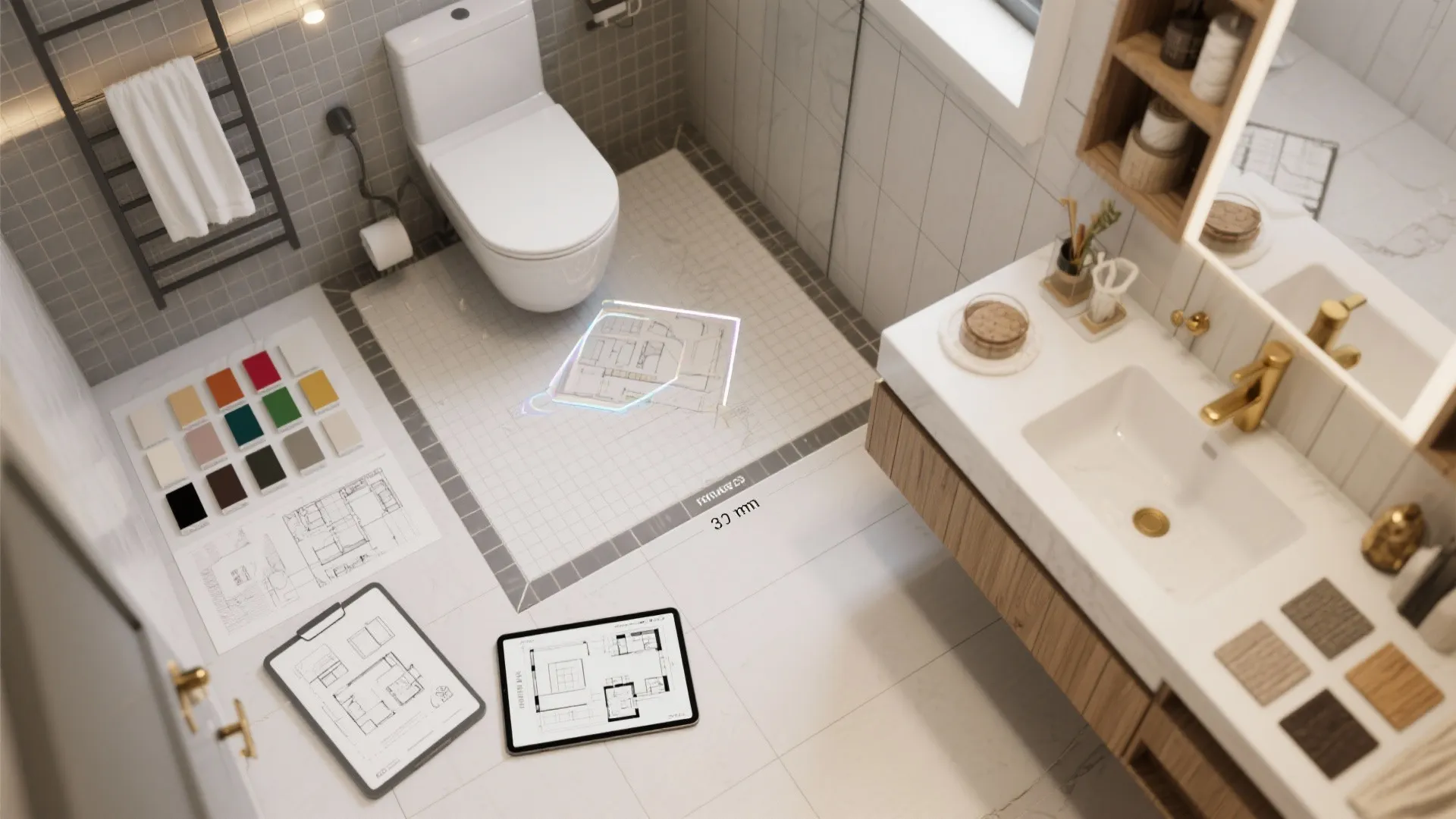 Modern bathroom interior design drawing with toilet white sink gold faucet and floor plan tablet