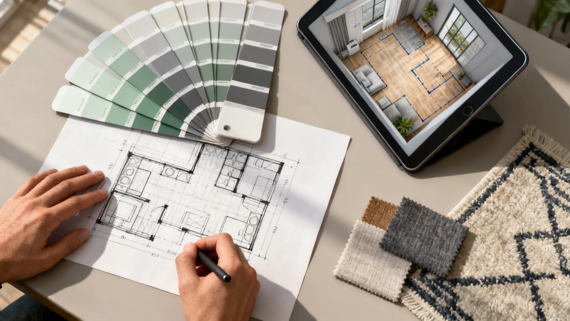 Top-down view of color swatches, sketches and a tablet planning a living room layout