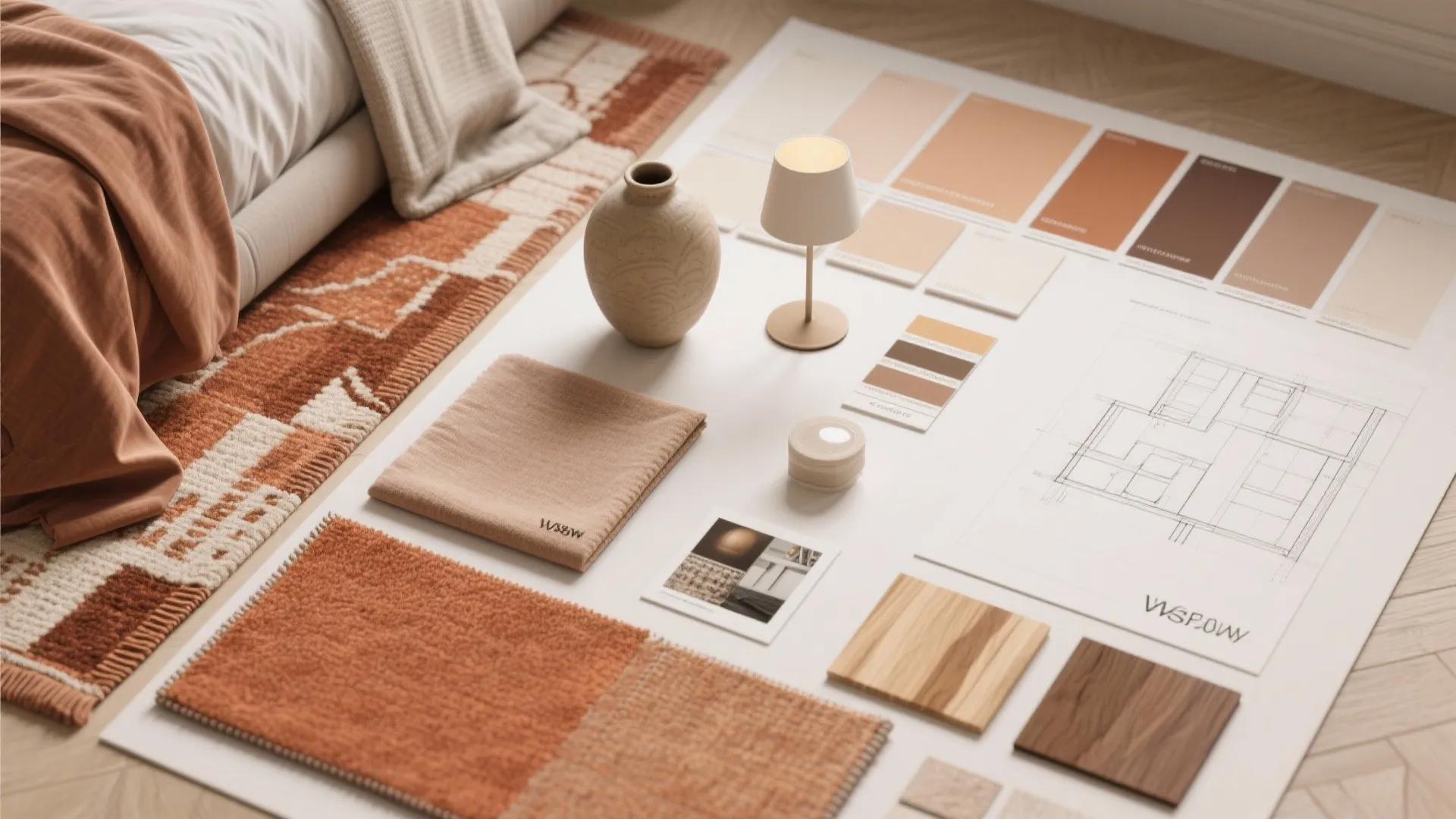 Interior design mood board with color swatches wood samples fabric tiles a vase and drawing