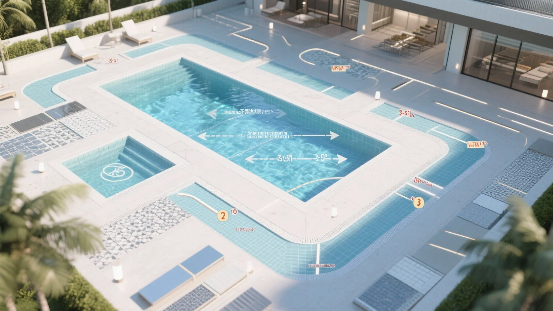 Top-down planning view showing poolside circulation, safe distances, and material callouts