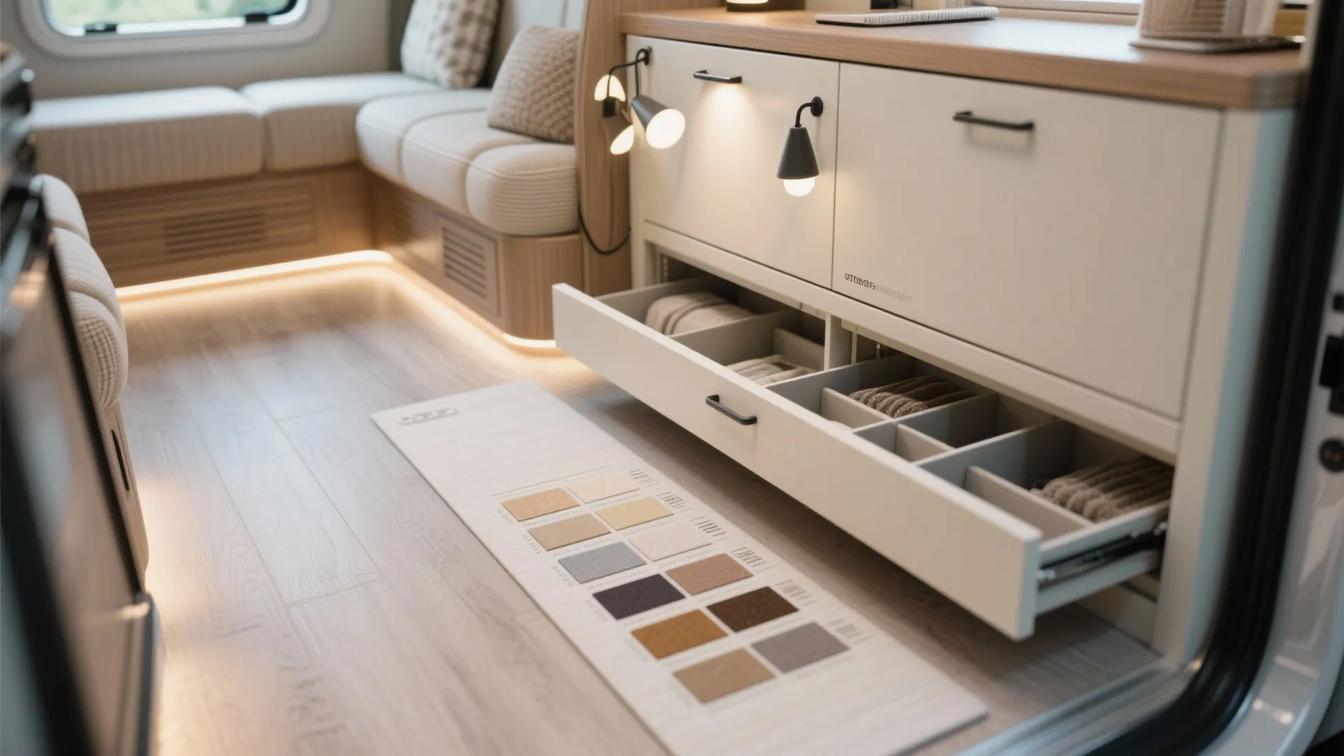 Design detail close-ups: continuous flooring, layered lighting, pale cabinets, and organized under-seat storage.