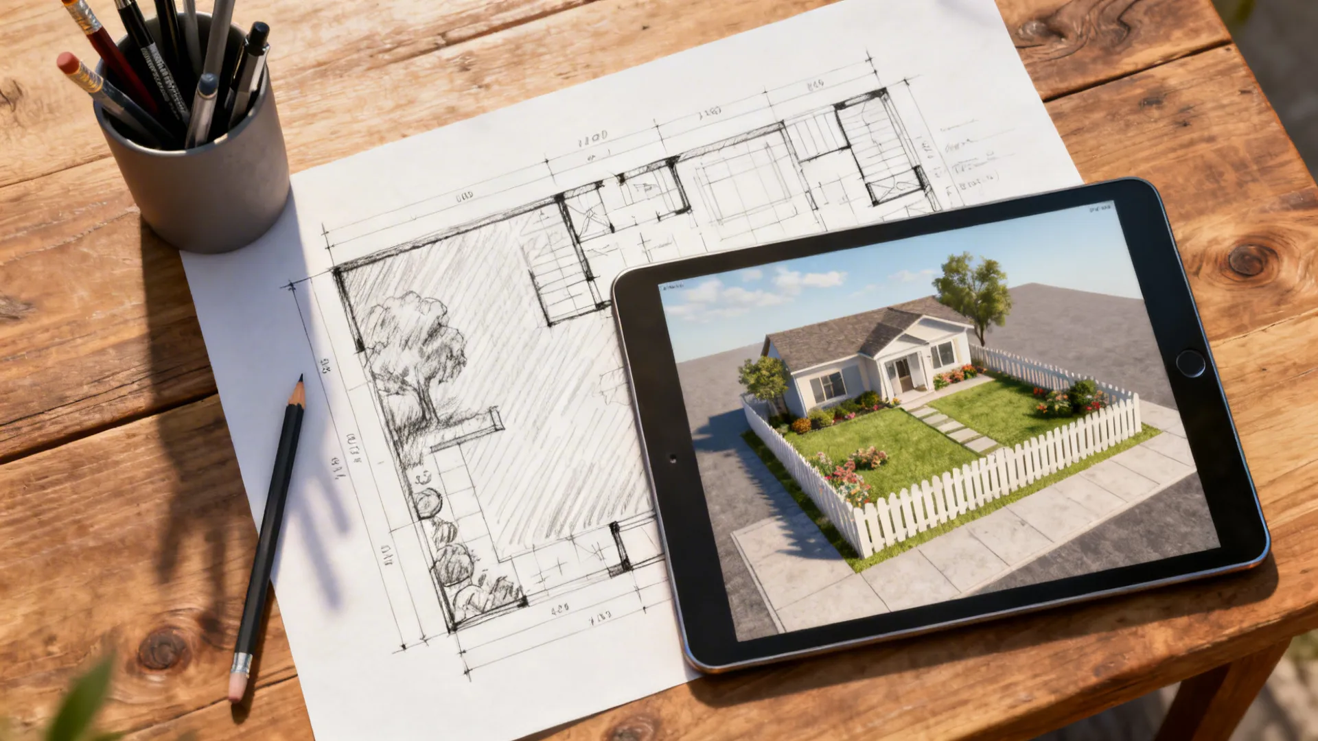 Top-down view of a sketch and tablet showing a 3D planner for a small front yard layout.