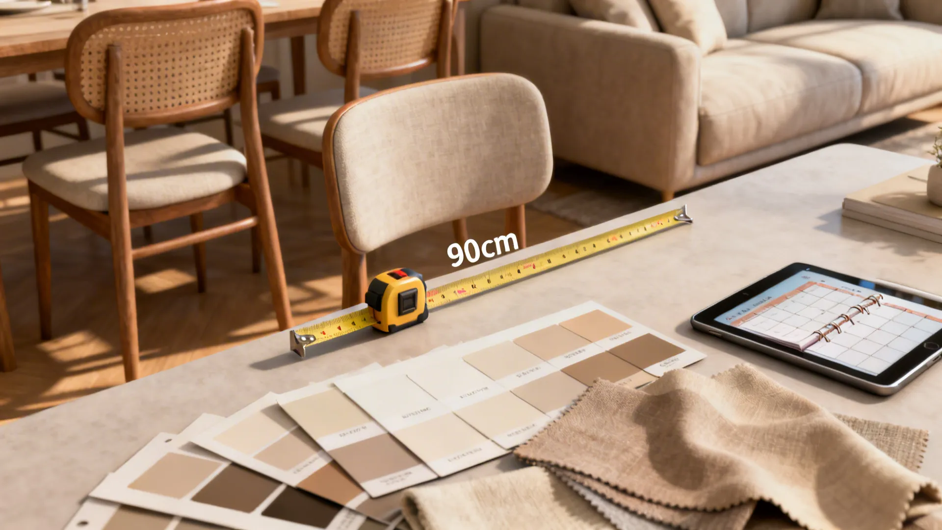 Design tips vignette with tape measure, low-back chair, fabric swatches, and a tablet showing a 3D planner.