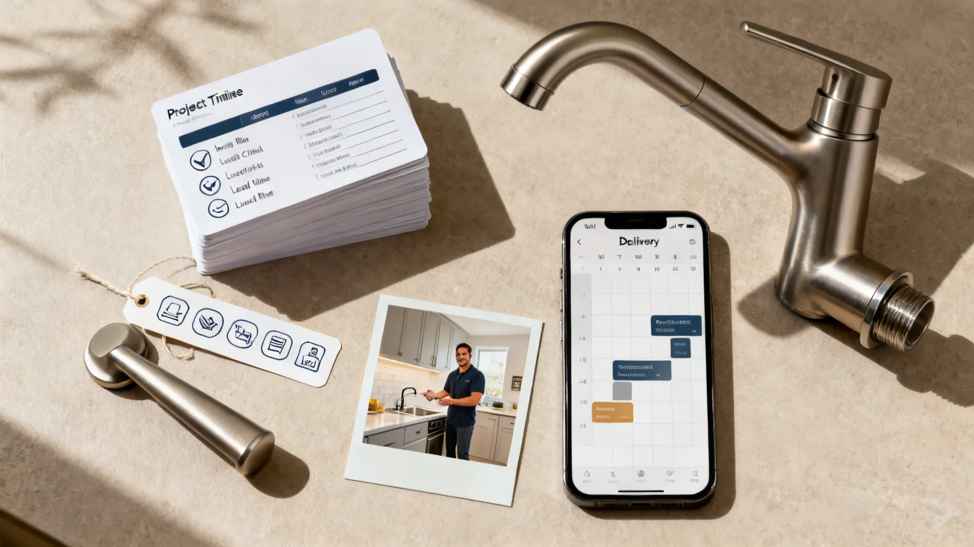 Top-down coordination kit with timeline cards, installer checklist icons, lead time tags, and a delivery calendar.