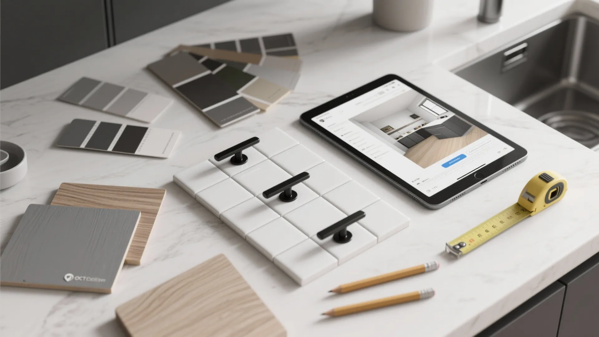 Flatlay of grey paint swatches, wood samples, tile and a tablet with a 3D room planner