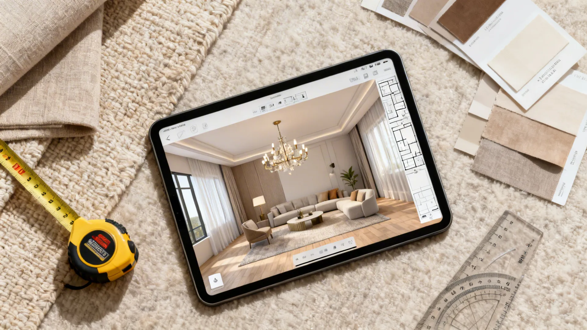 Tablet showing interior design drawing on a rug with fabric samples tape measure and a ruler