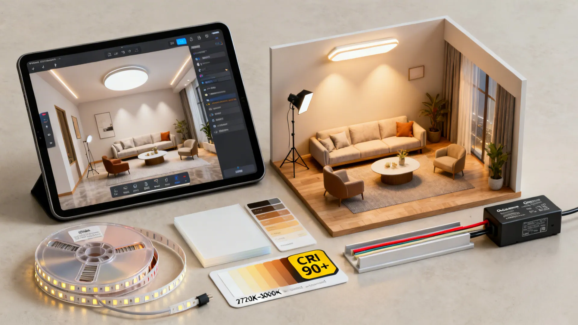 Tablet showing room planner with LED strip samples and material swatches for lighting planning
