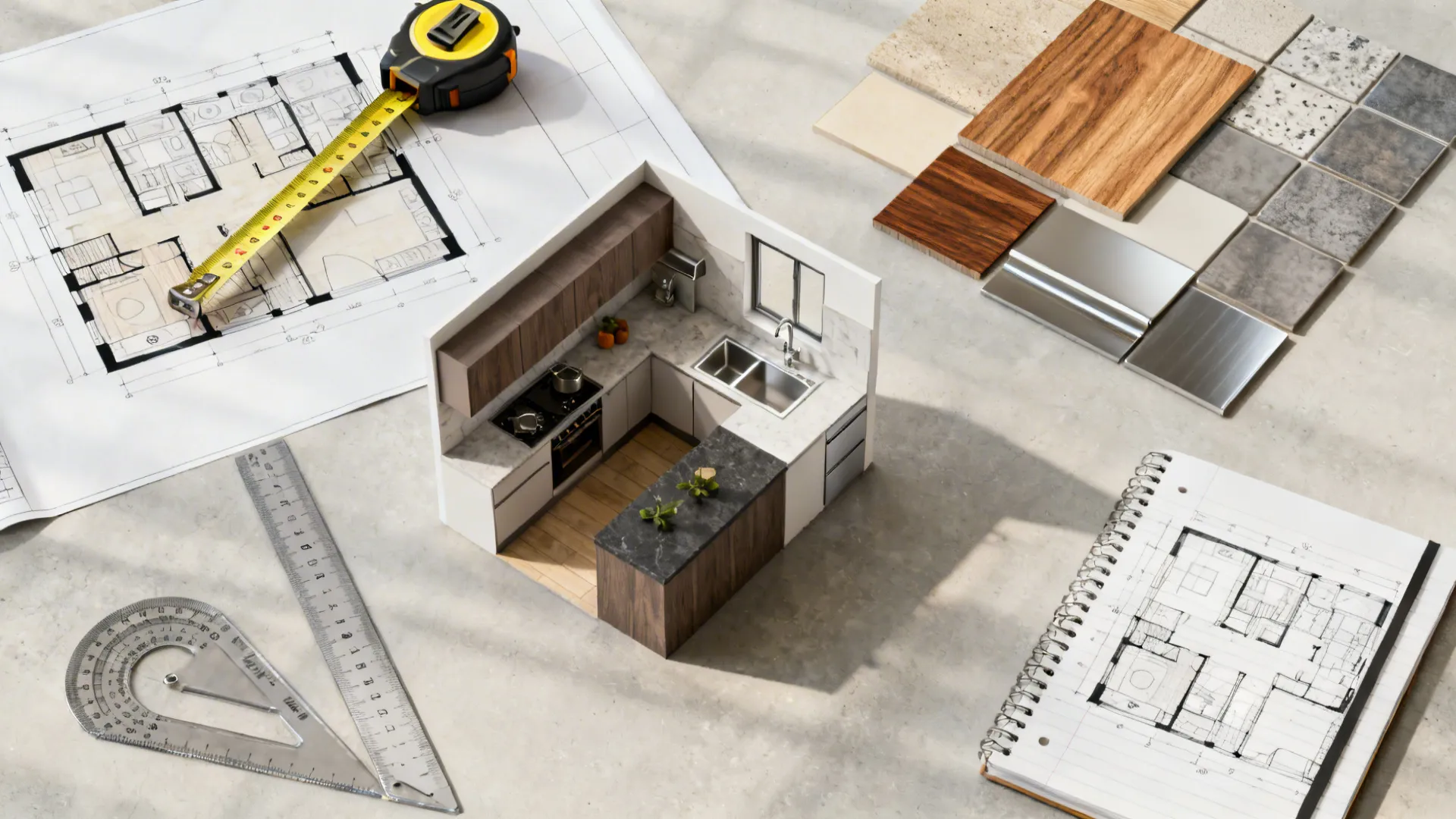 Overhead flatlay of a 3D floor plan, measuring tape, and material samples used for small kitchen planning.