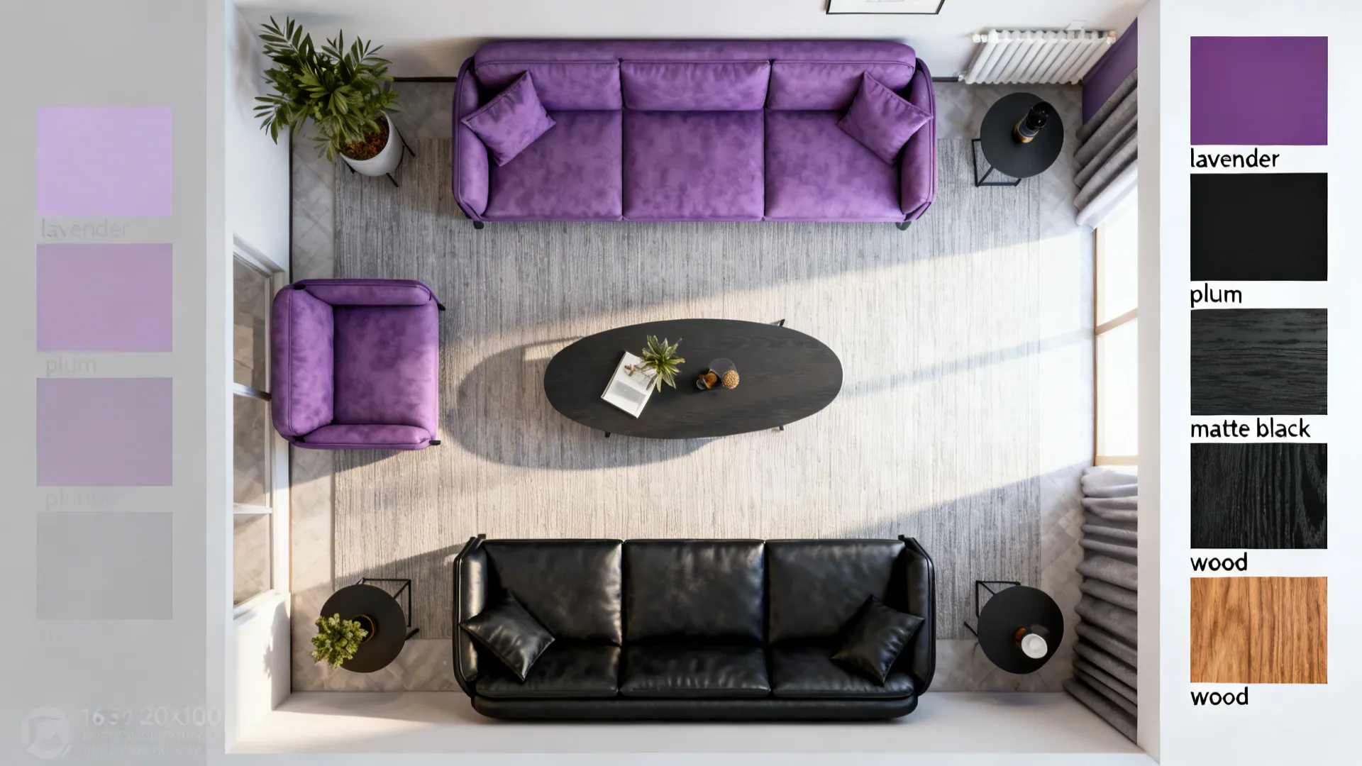 Room layout showing purple sofa black sofa grey rug and black coffee table with color labels