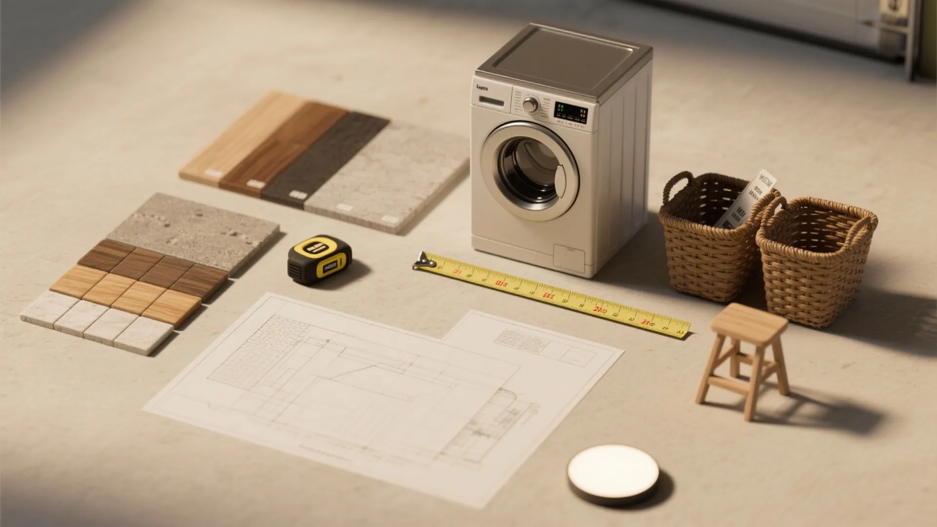 Top-down designer flatlay with material swatches, small washer model, tape measure and lighting sample for garage laundry planning.