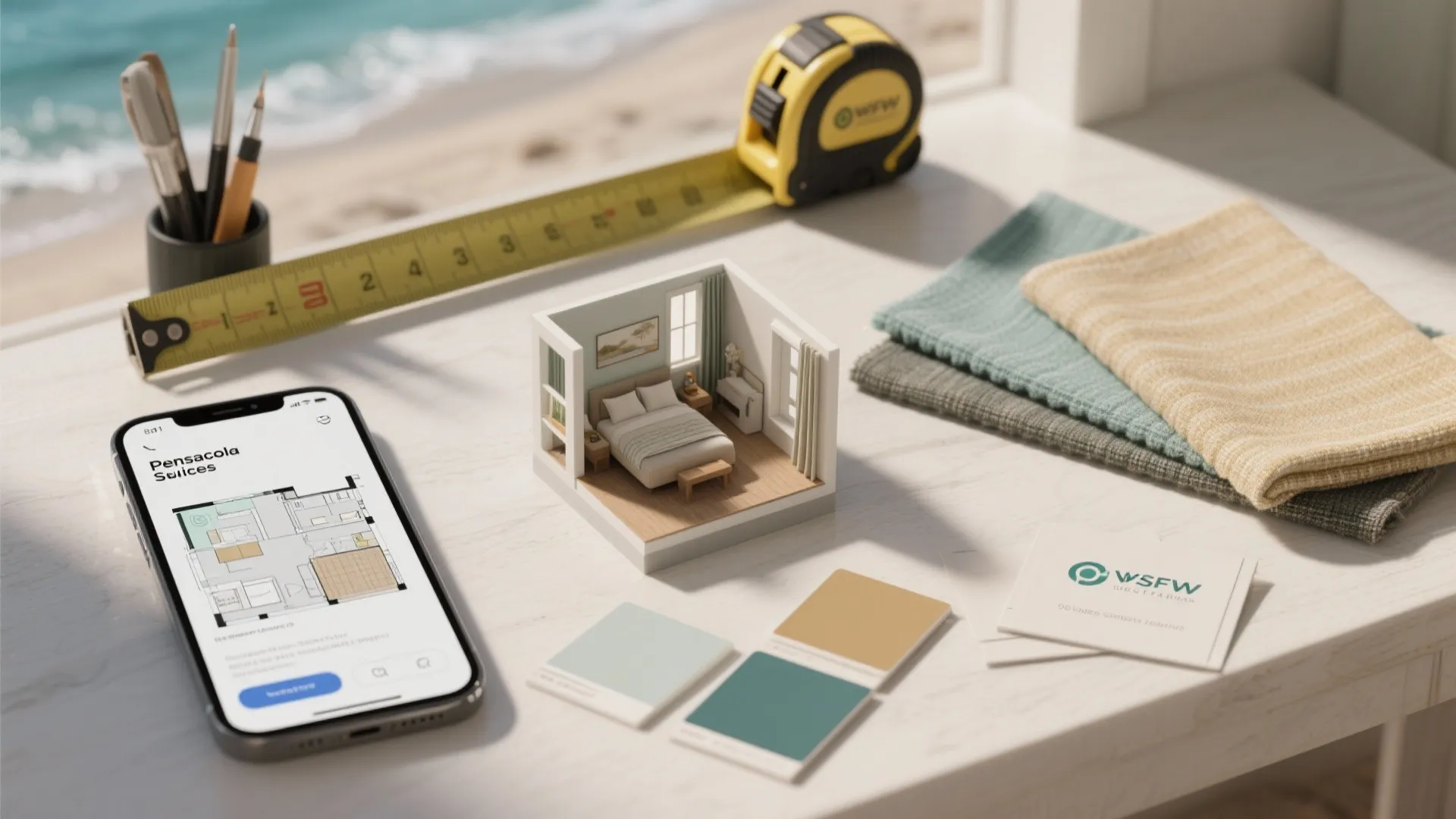 Design toolkit with tape measure, fabric swatches and a floor planner app for suite planning