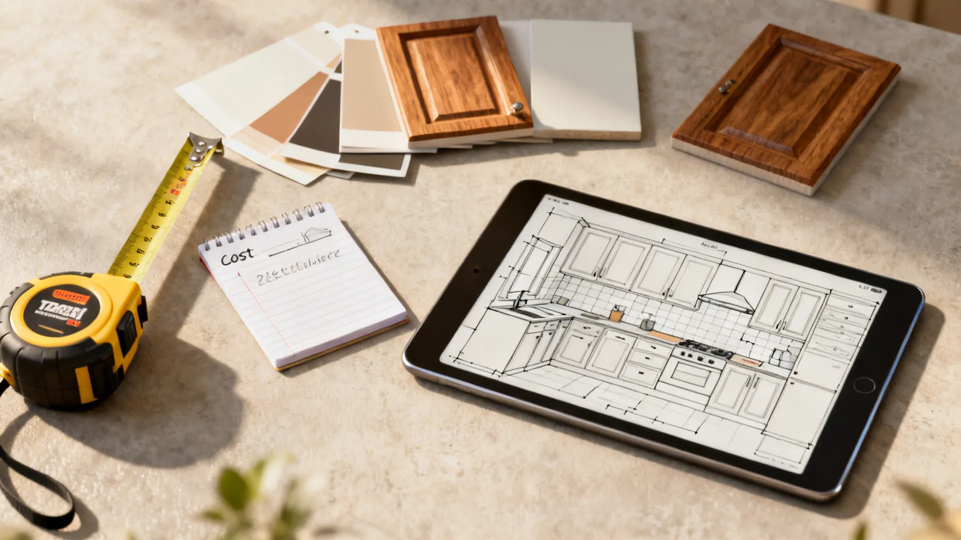 Toolkit with cabinet swatches, tape measure and tablet showing a kitchen planner for budgeting.