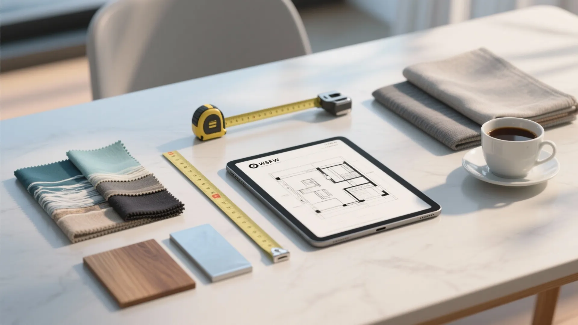 Design toolkit with floor plan tablet, fabric swatches and material samples for small-suite planning
