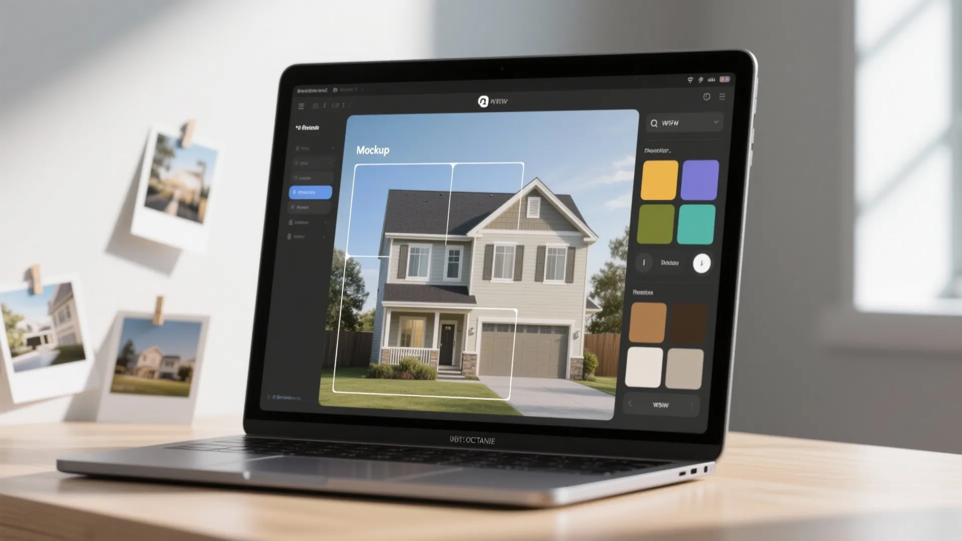 Laptop on desk showing house design software interface with color palettes and small wall photos