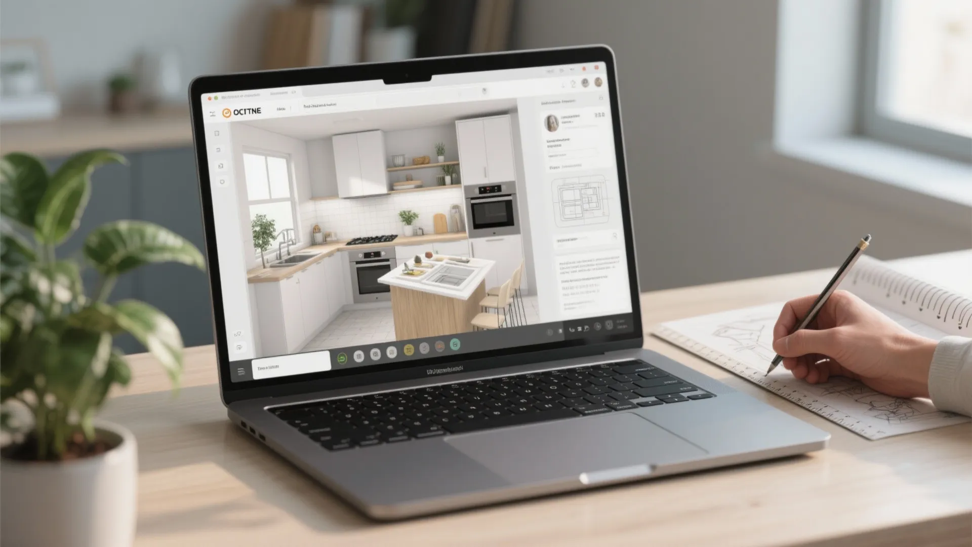 Laptop showing a 3D kitchen planner beside hand sketches and a scale ruler on a desk.