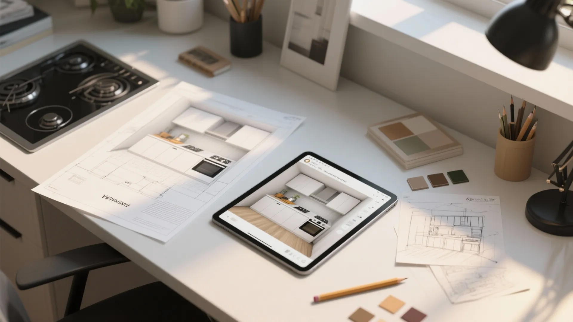 Interior design drawing on a tablet and paper shown on desk with color tile samples