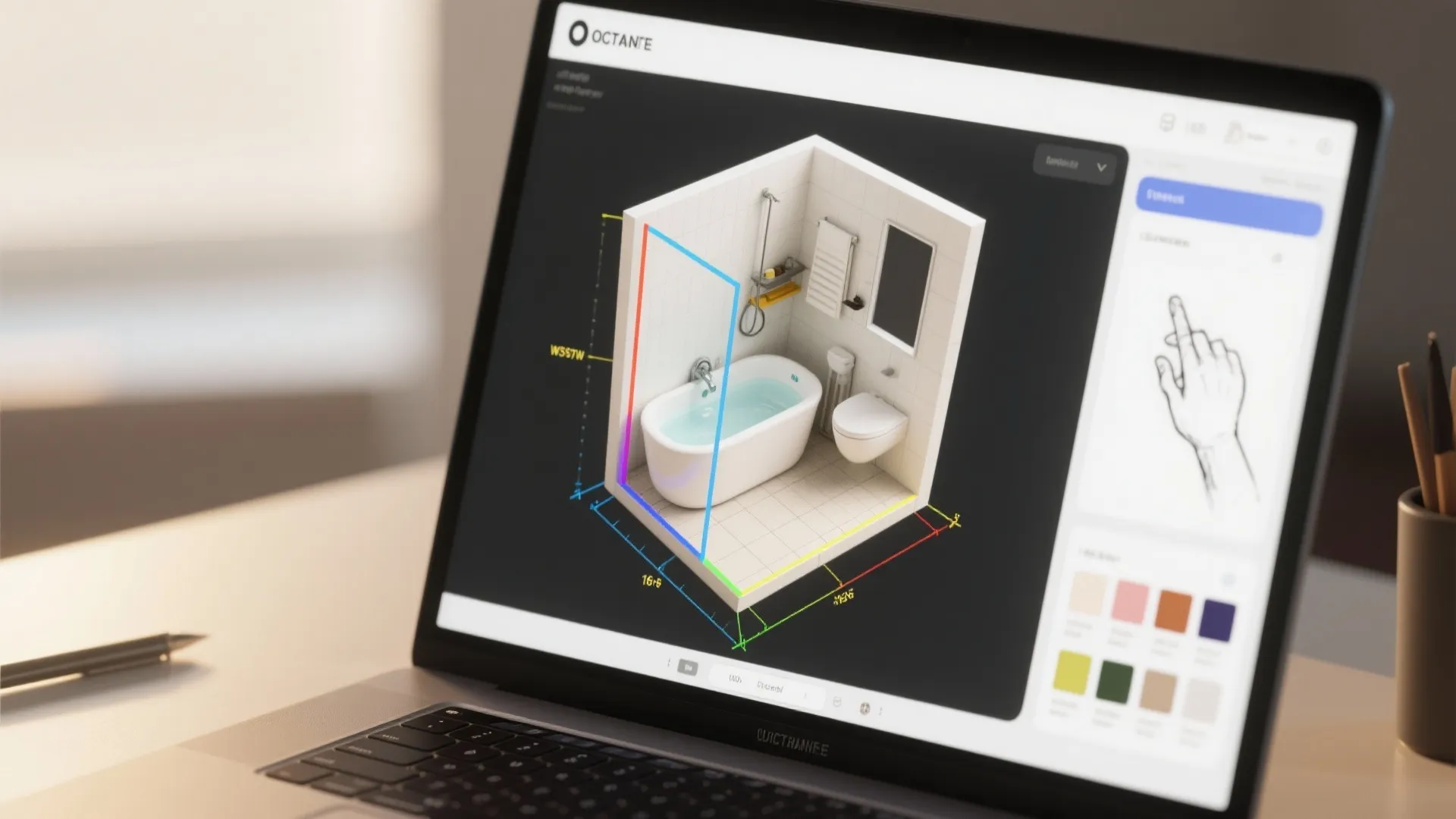 Laptop showing a 3D floor planner with a compact bathroom layout and soaking tub clearance guides.