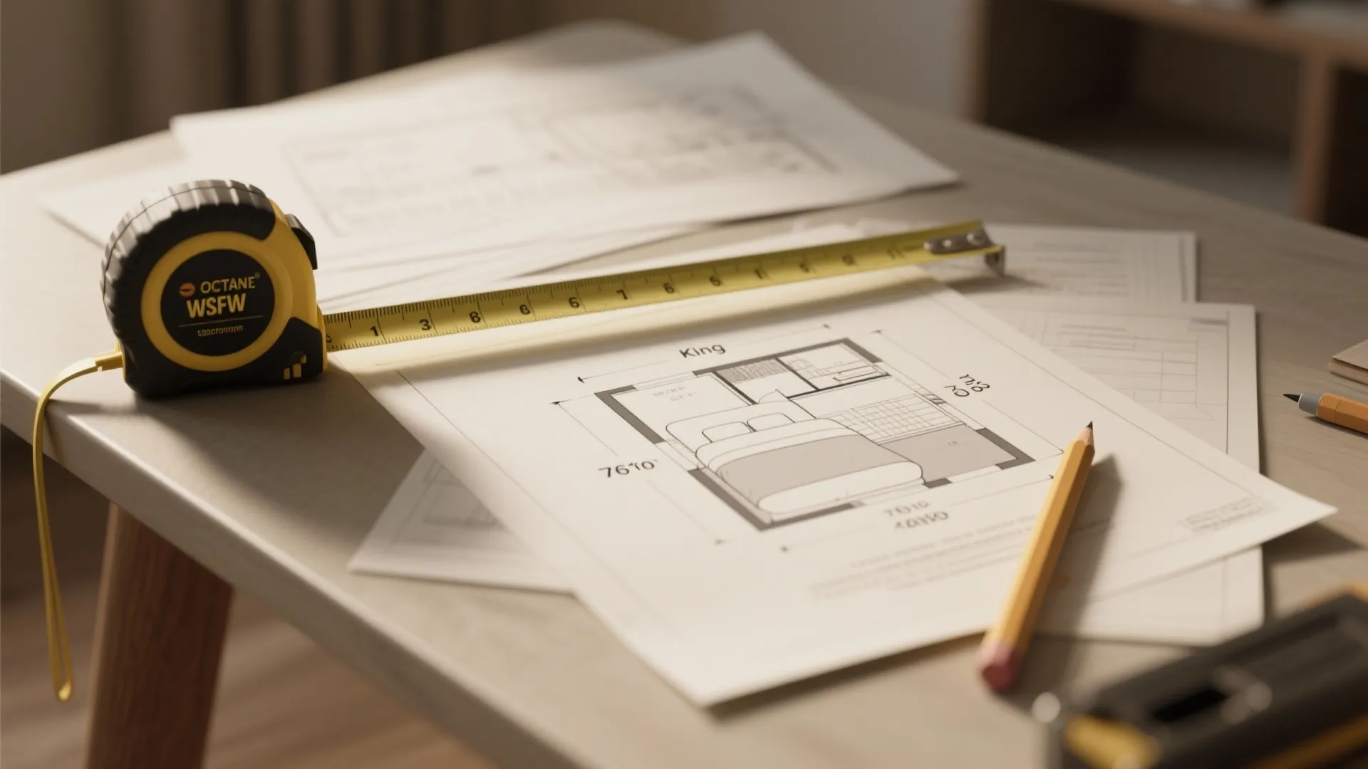 Tape measure, scaled floor plan and architectural tools illustrating bedroom planning and king bed dimensions.