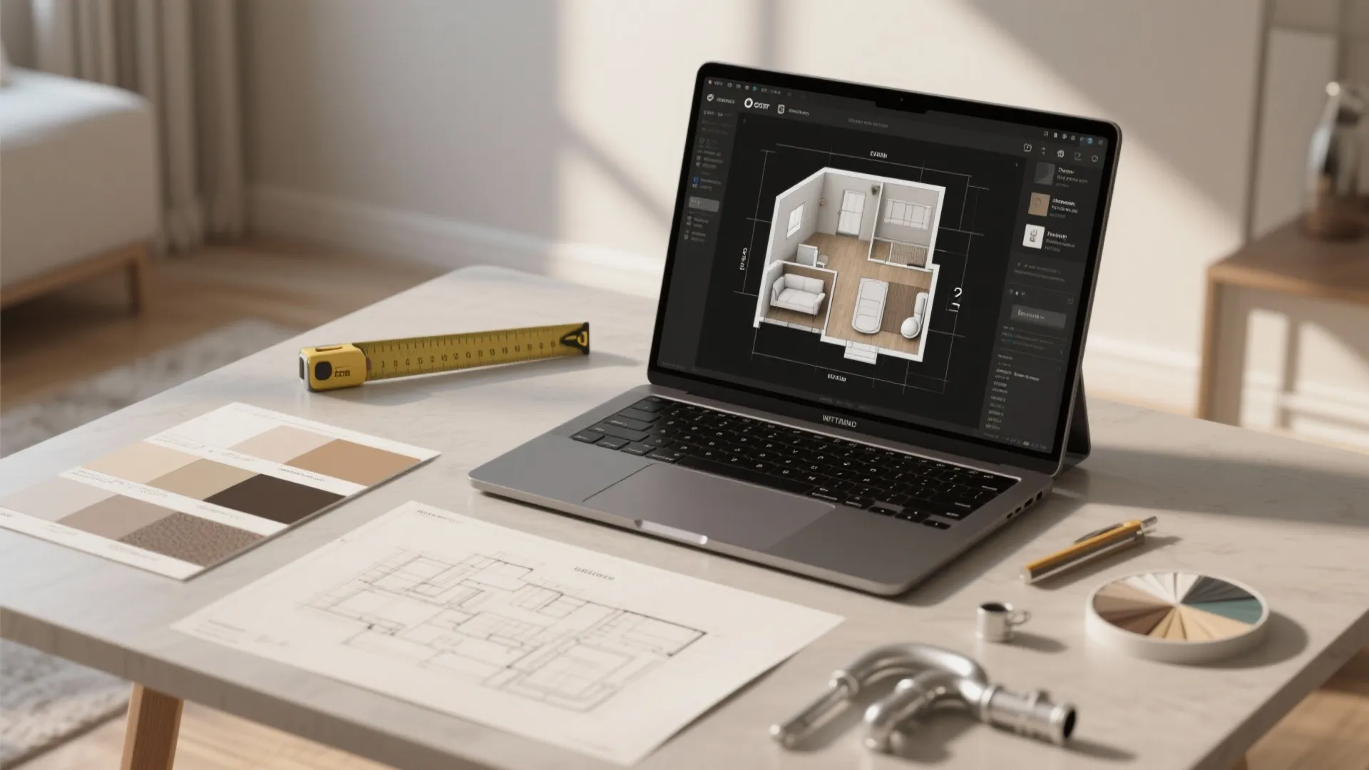 Laptop displaying a 3D floor plan layout on a desk with drawings and measuring tools
