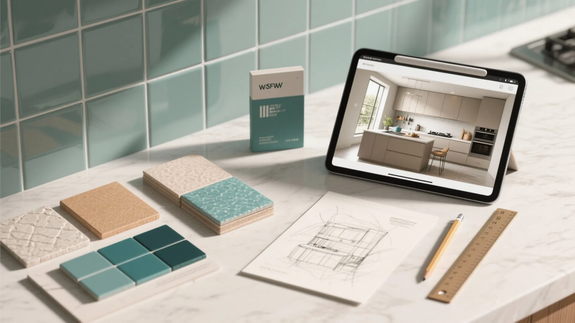 Flatlay of color swatches, tile samples, and a tablet showing a 3D backsplash mock-up.