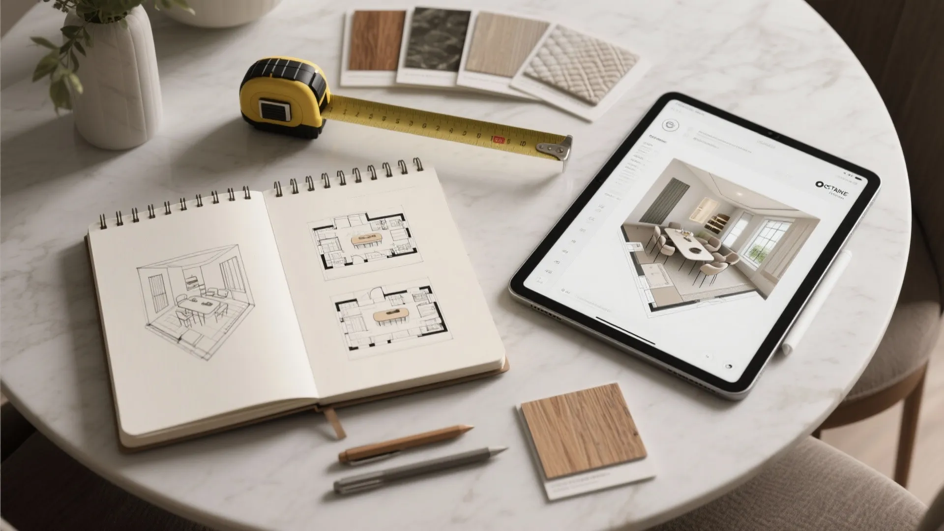 Flatlay of sketchbook, tablet with 3D floor planner, measuring tape and material swatches for dining planning