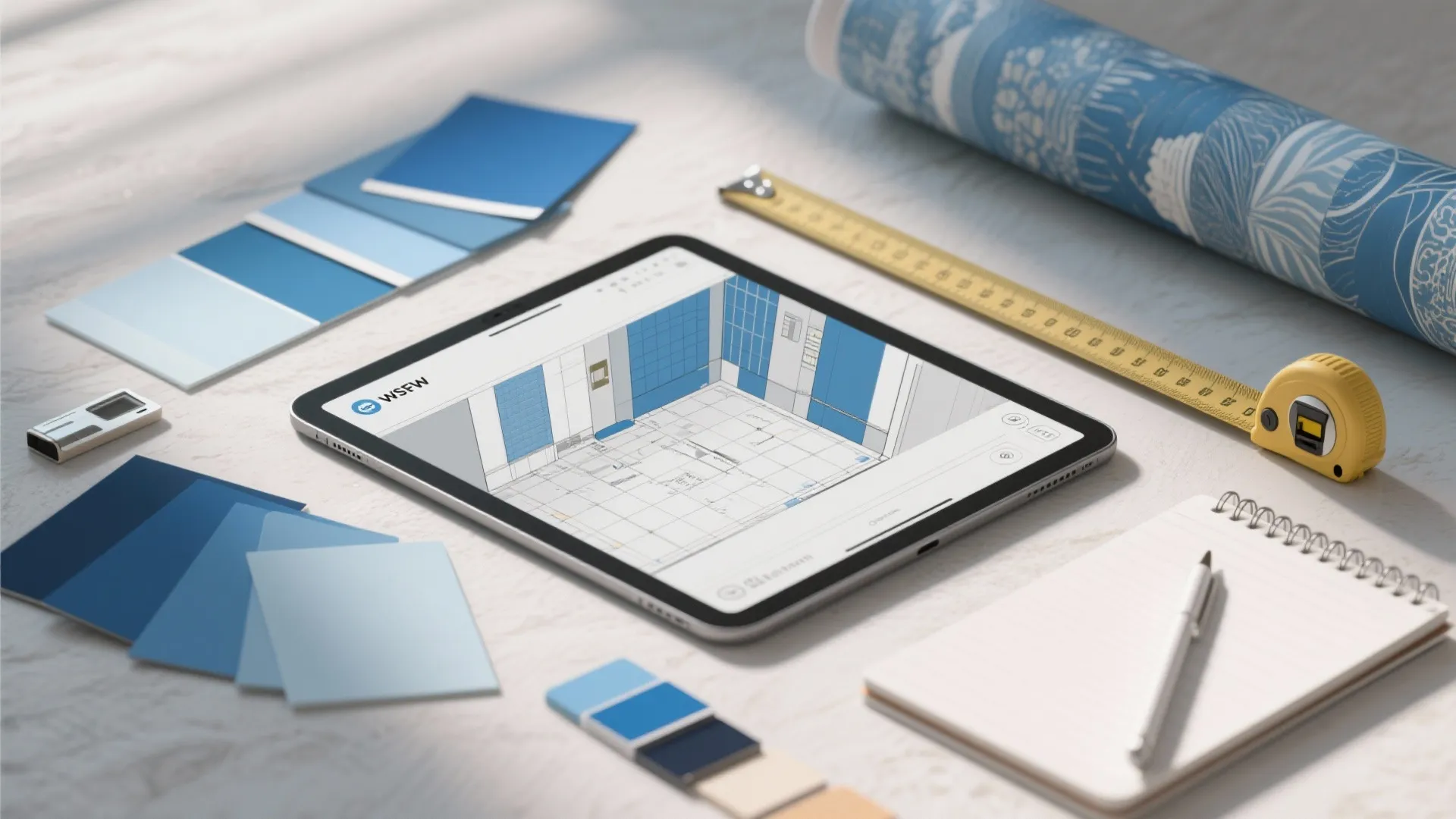 Flatlay of wallpaper swatches, paint chips and a tablet showing a 3D floor planner.