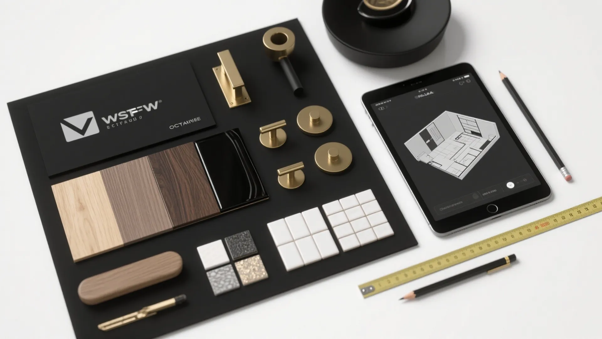 Interior design tools flatlay with wood samples gold handles tablet showing room layout and pencils