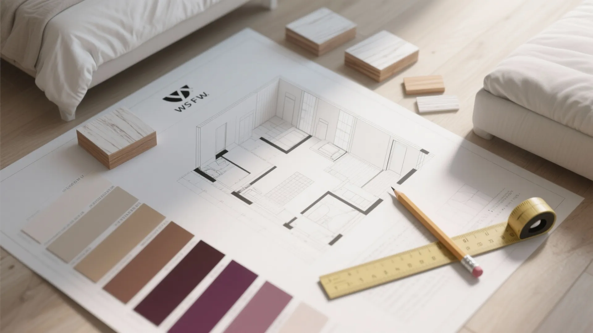 Interior design drawing on floor with color swatches wood samples pencil and yellow measuring tape