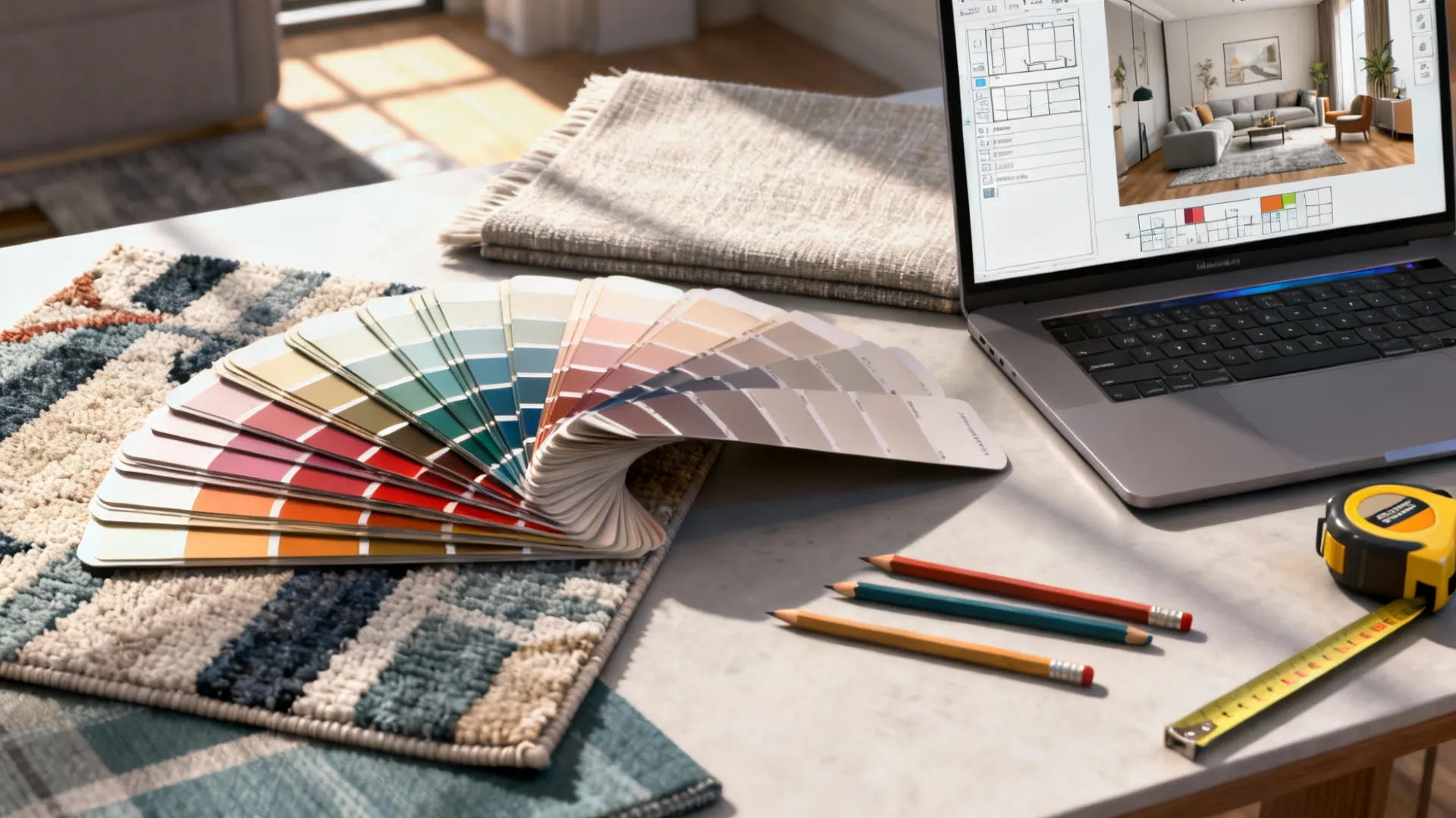 Design tools on a desk with color cards laptop pencils tape measure and carpet samples