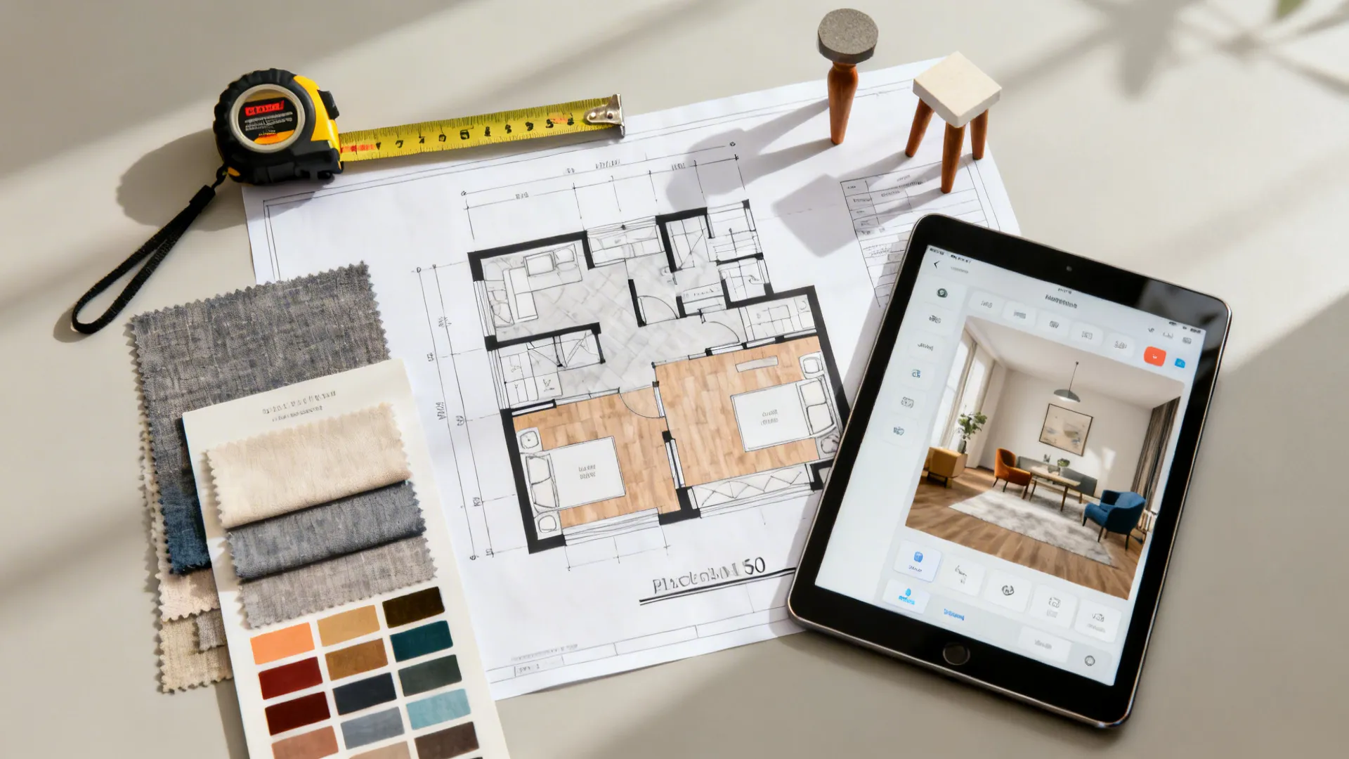 Top-down flatlay of small-space design tools: tape measure, 1:50 plan, color swatches and a room planner on tablet.
