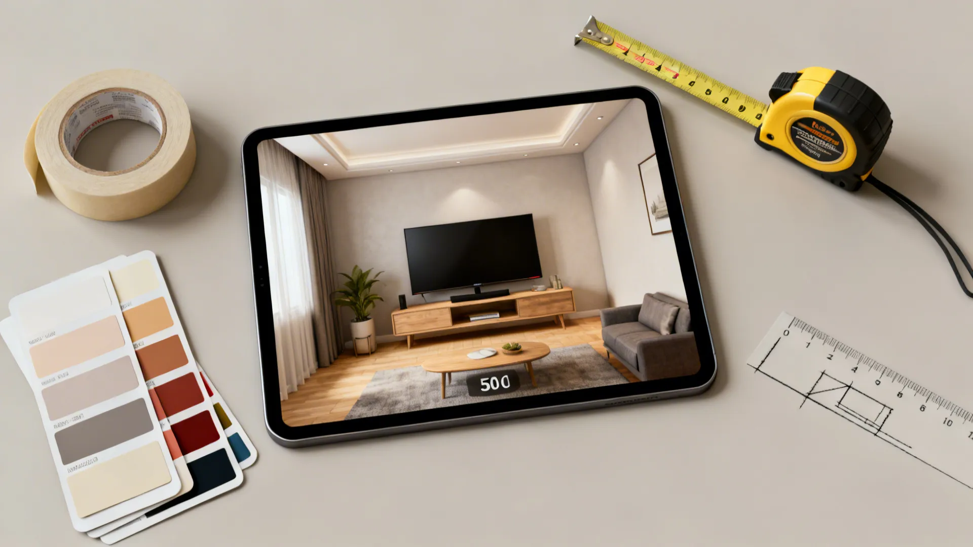 Flatlay of a tablet with a 3D room planner, tape measure, painter's tape and color swatches