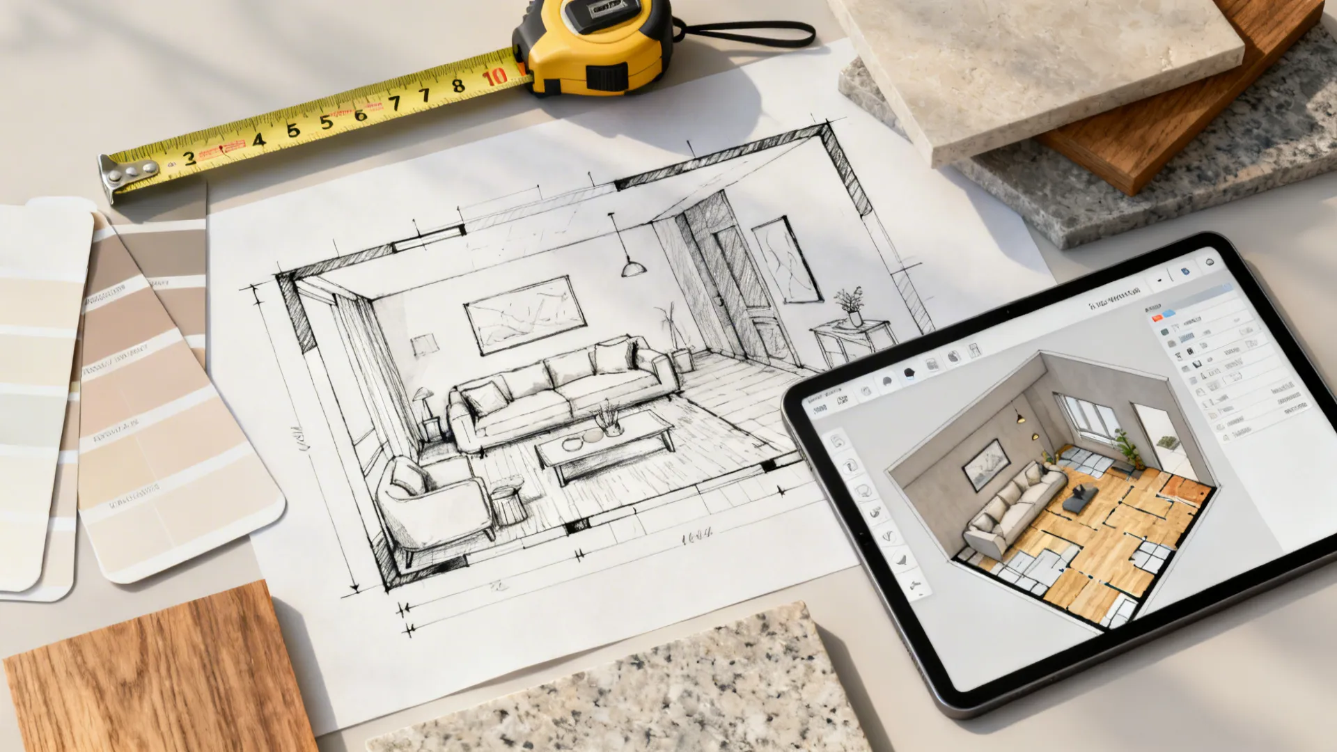 Flatlay of floor plan sketch, tape measure, tablet with 3D planner, and material swatches.