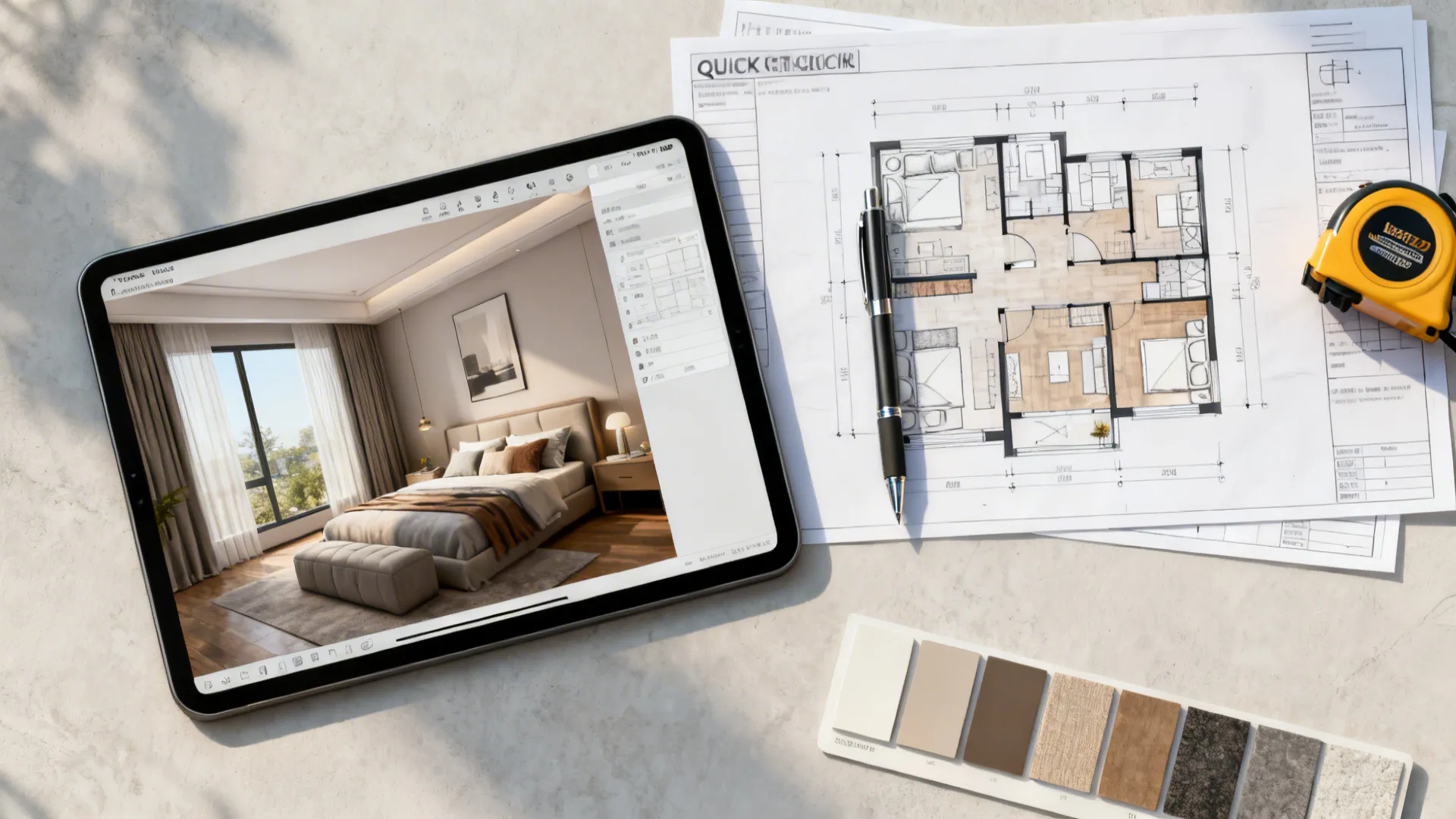 Flatlay of a tablet with a 3D floor planner, floor plan prints, and material samples.