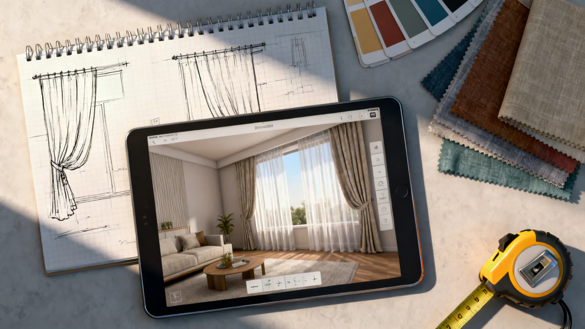 Flatlay of sketches, 3D room planner on a tablet, and fabric swatches for planning curtains