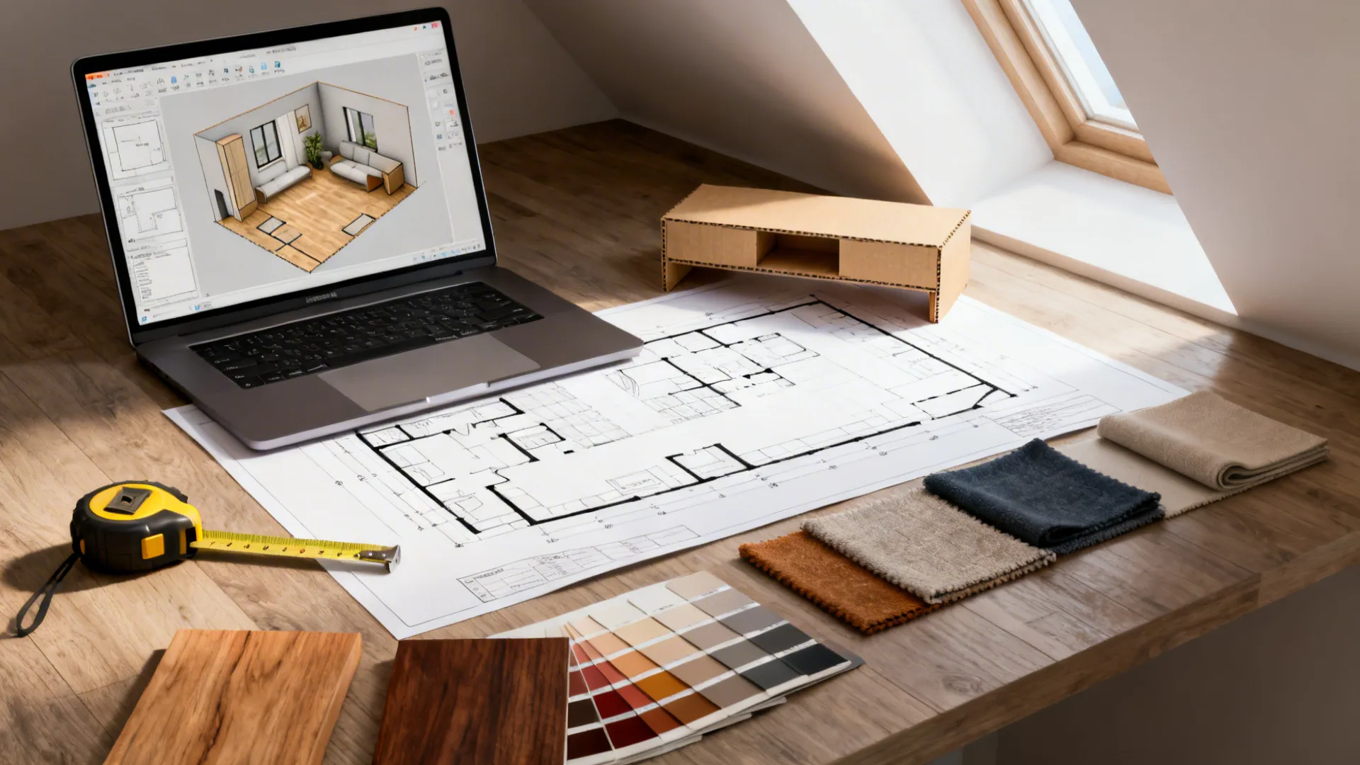Laptop showing interior design drawing on desk with floor plan measuring tape and color samples