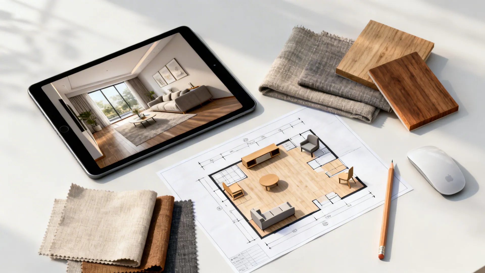 Flatlay of floor planner, tablet with 3D render, fabric swatches and pencils for interior layout planning.