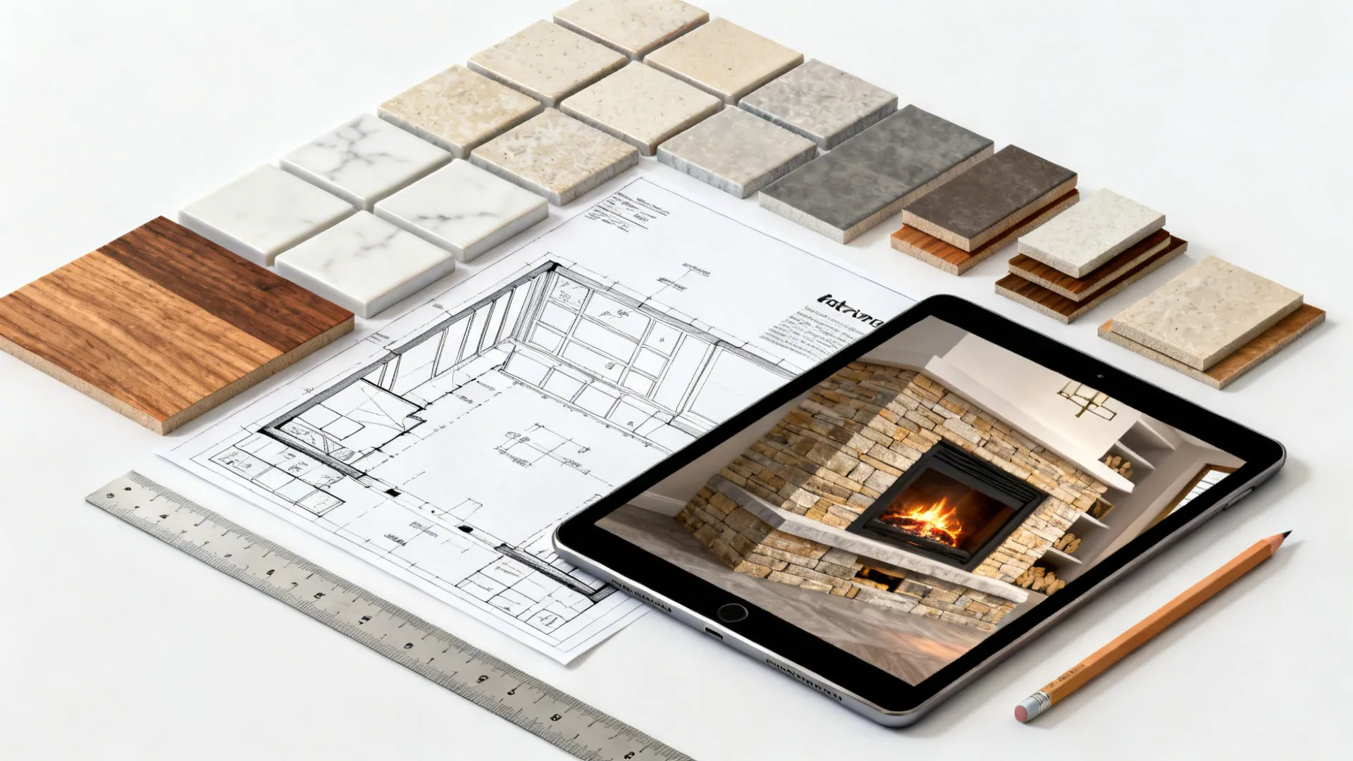 Interior design material samples with a room drawing and a tablet showing a stone fireplace