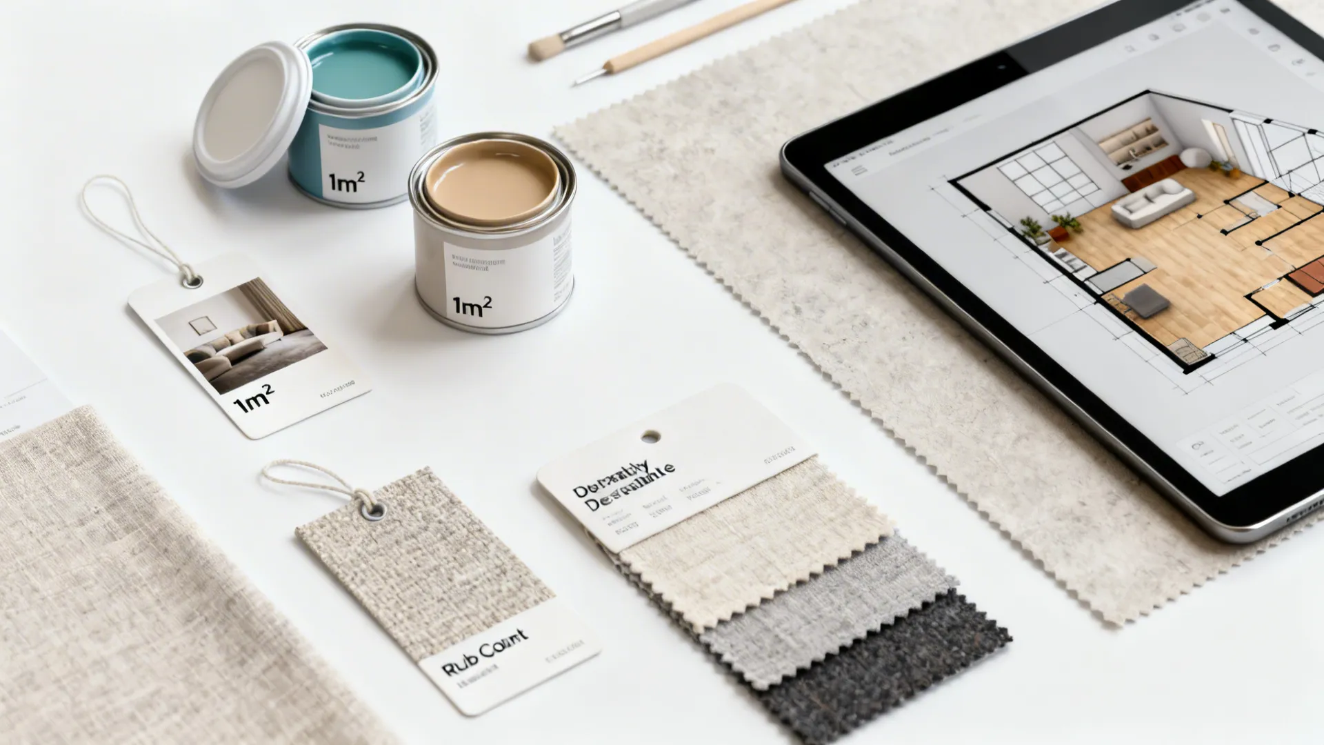 Flatlay of paint samples, fabric swatches and a tablet with a 3D floor planner