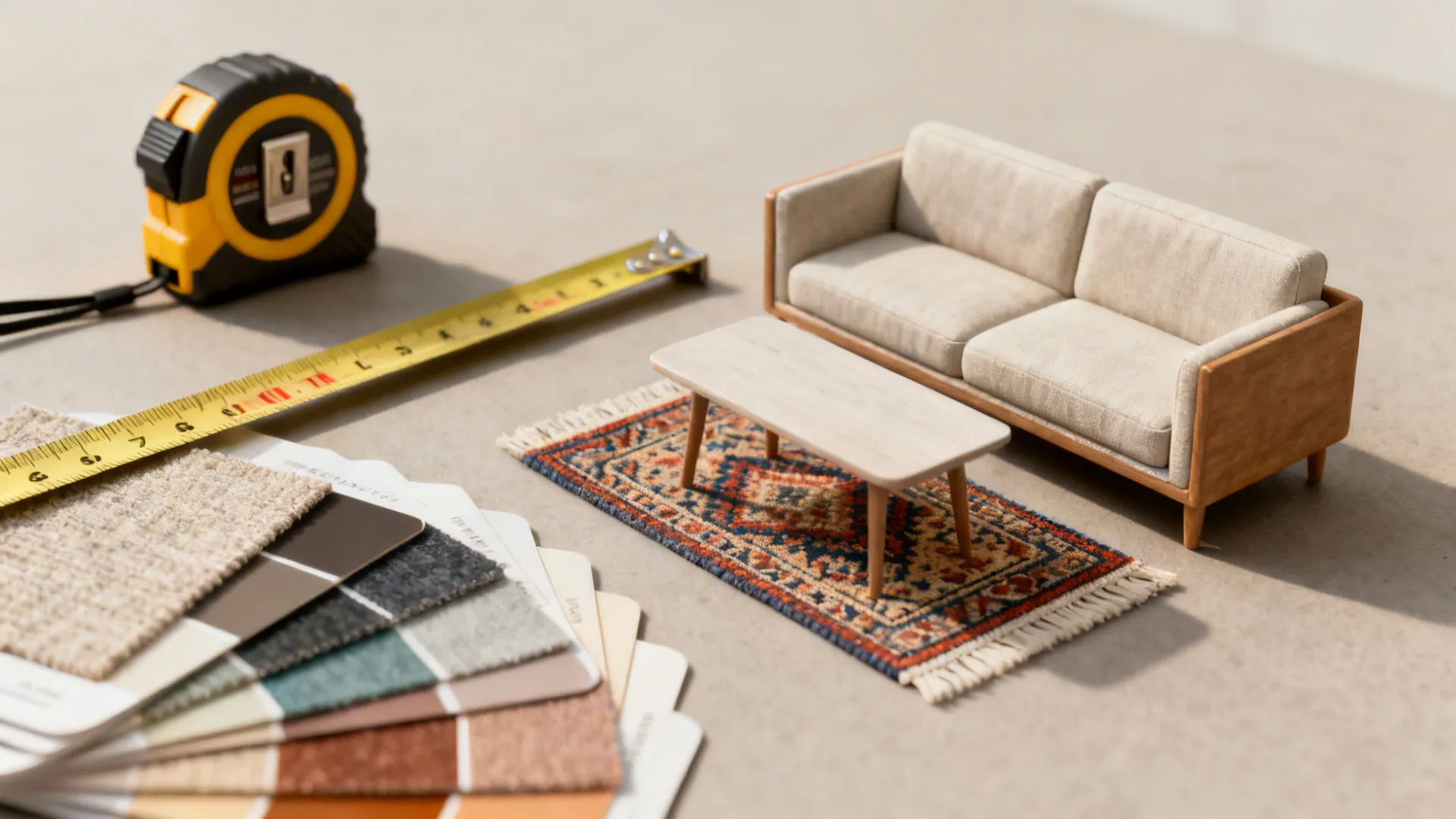Design tools: tape measure, color swatches and mini furniture models for planning narrow spaces.