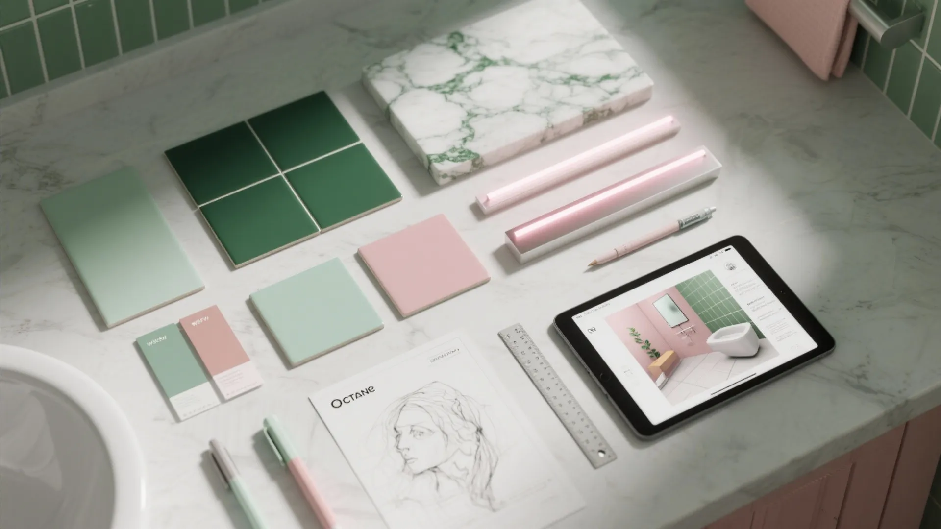 Green tiles marble slab color swatches and tablet showing bathroom interior design drawing on white counter