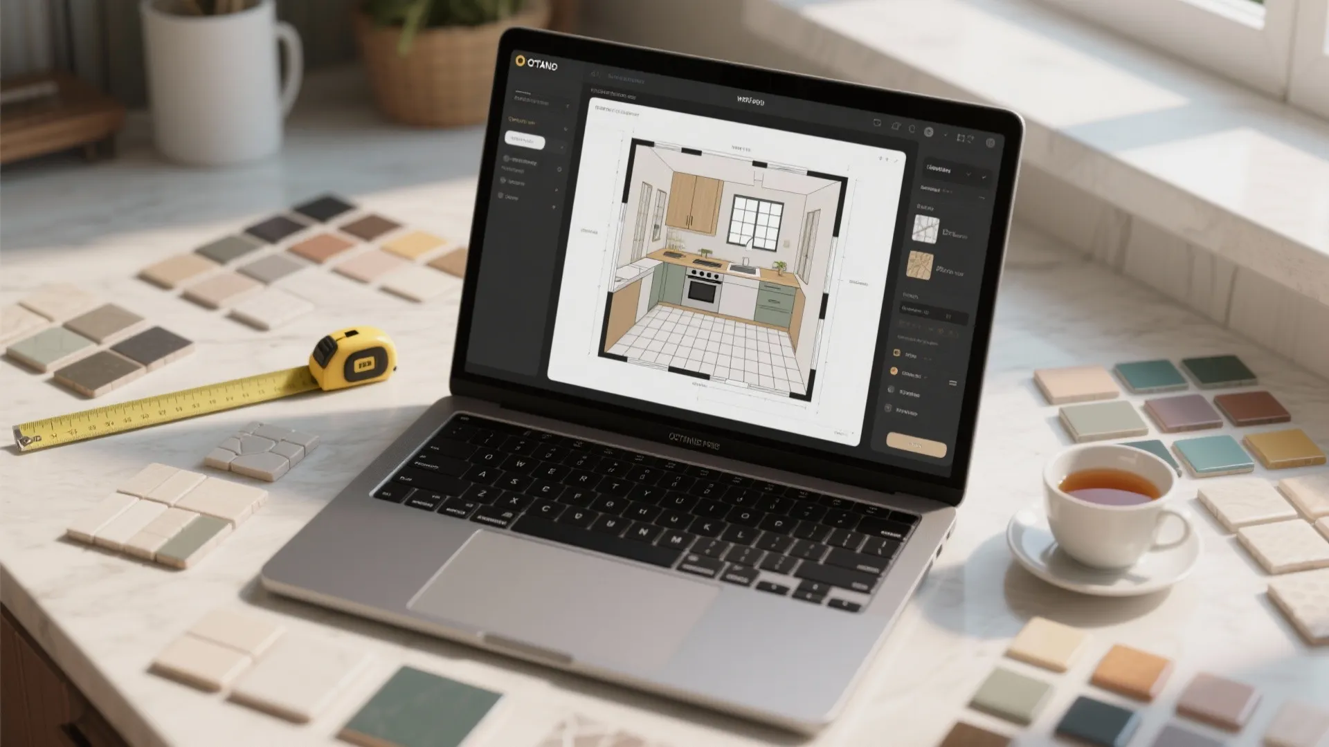 Laptop showing interior design drawing of a kitchen layout with color swatches and measuring tape
