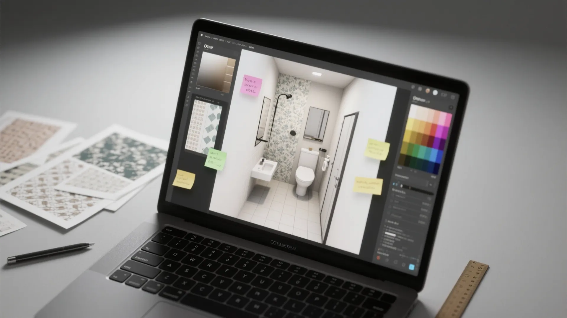 Laptop computer showing bathroom interior design drawing with color palette and various sticky notes attached