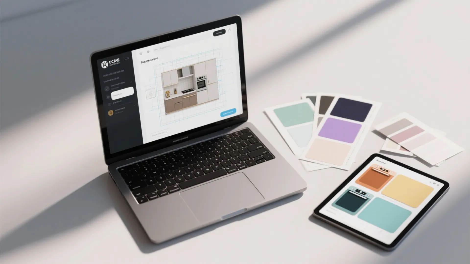 Laptop showing kitchen cabinet interior design drawing alongside a tablet and colorful paper color swatches