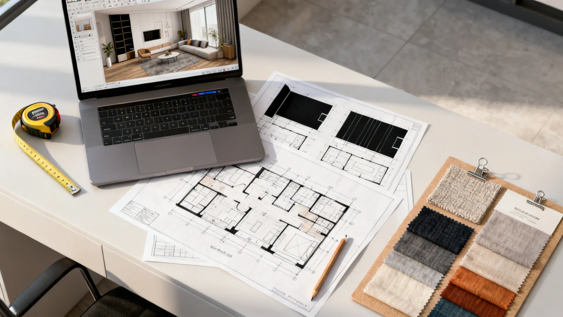 Designer desk with a laptop 3D planner, floor plans and moodboard for testing black wall layouts