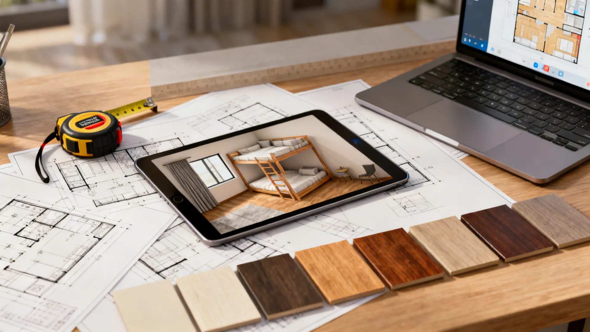 Workspace with sketches, a tablet 3D mock-up, samples and measuring tape for planning a small-room layout.