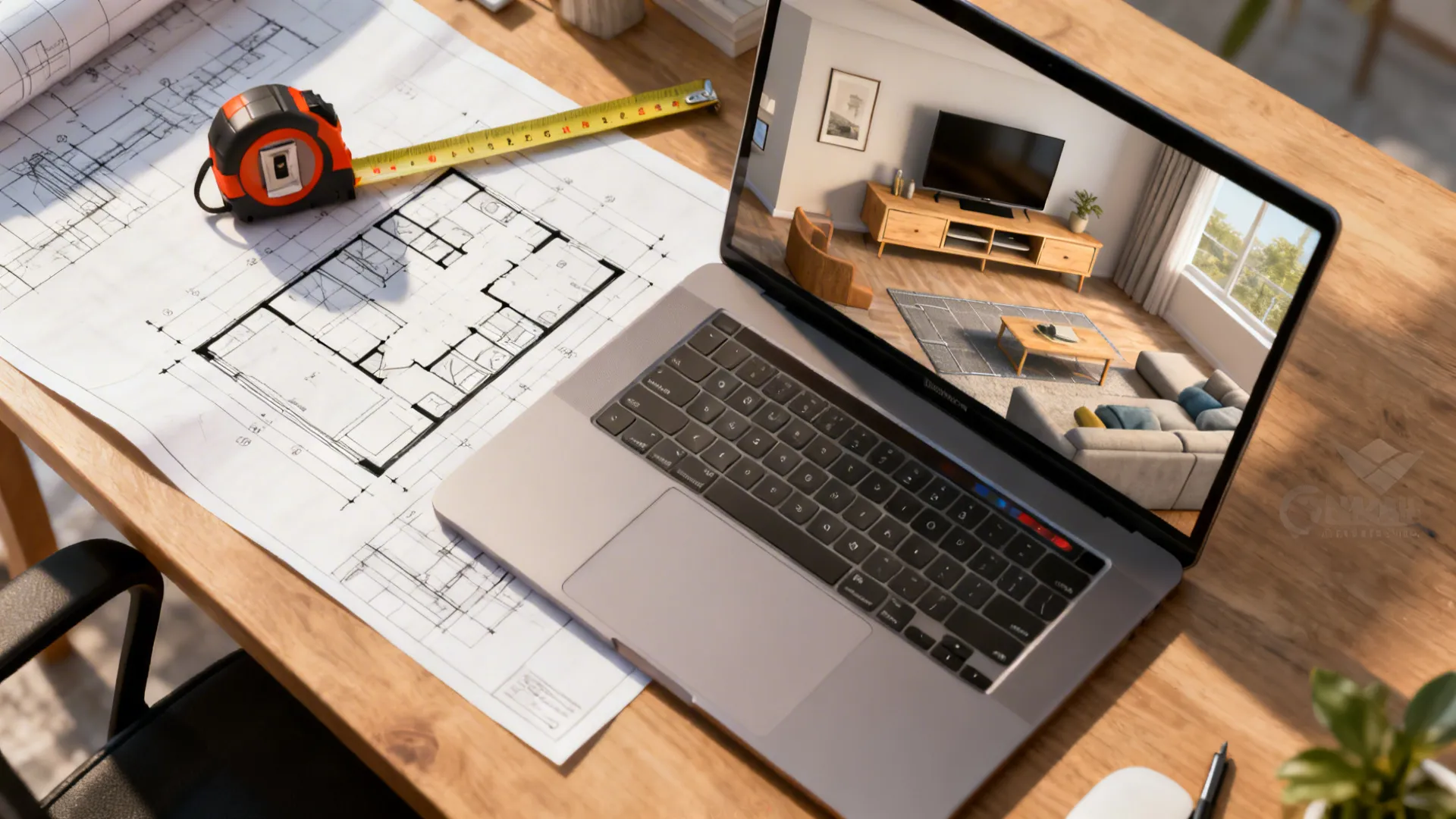 Laptop showing interior design drawing next to paper floor plan and measuring tape on desk