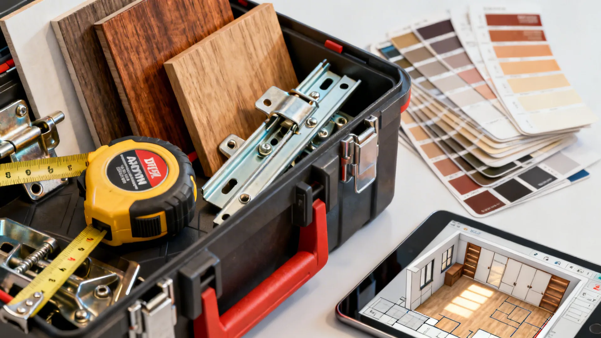 Close-up of design tools: tape measure, finish samples, hardware, and a tablet showing a 3D floor planner.
